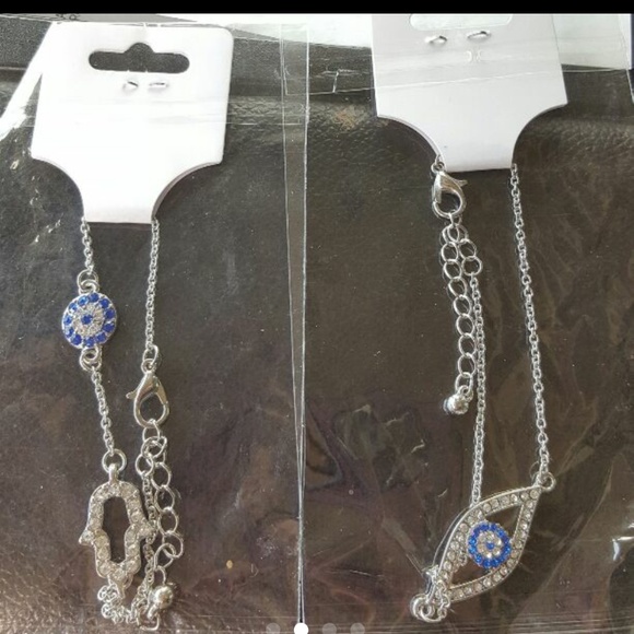 Silver platd Evil eye protector hamsa bracelet set - Picture 3 of 4