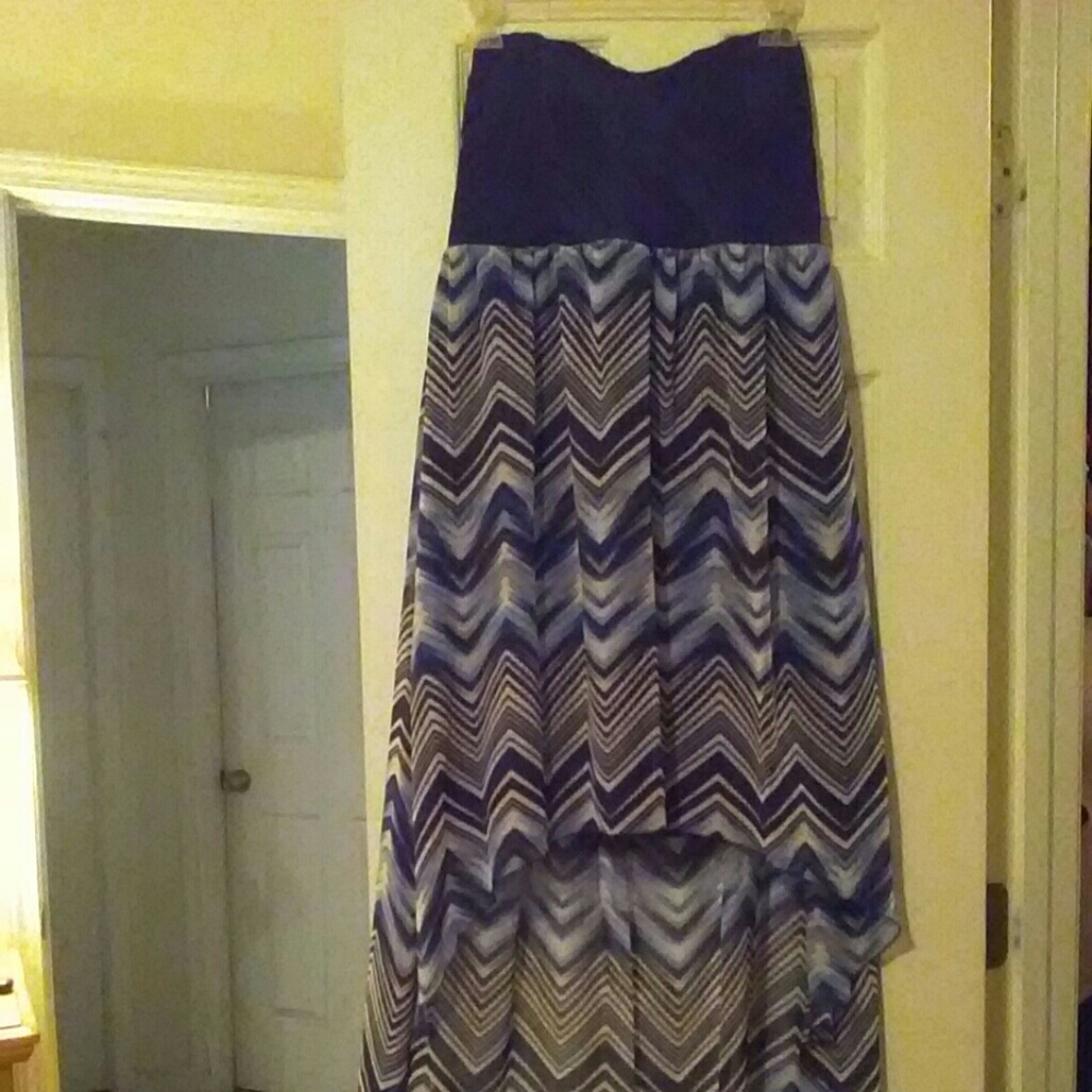 Blue and White Hi Low Strapless Dress