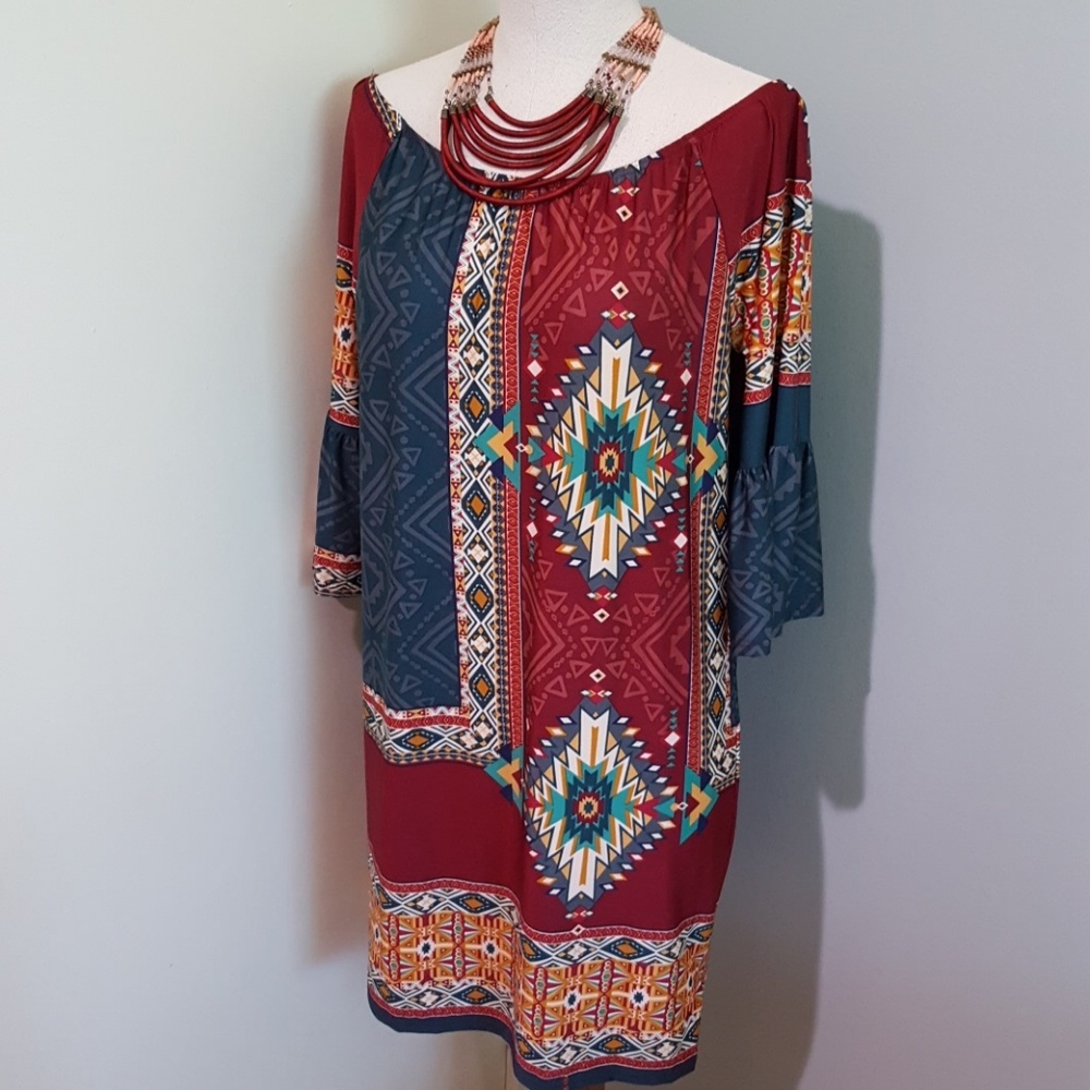 Blossom Apparel Off The Shoulder Aztec Southwest Print Dress