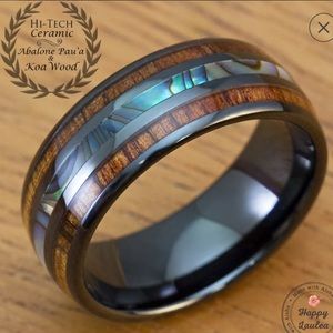BLACK HI-TECH CERAMIC RING WITH ABALONE+ KOA WOOD