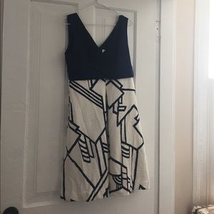 Navy and cream tea dress from Anthro