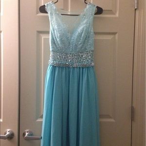 Long teal dress with silver jewels
