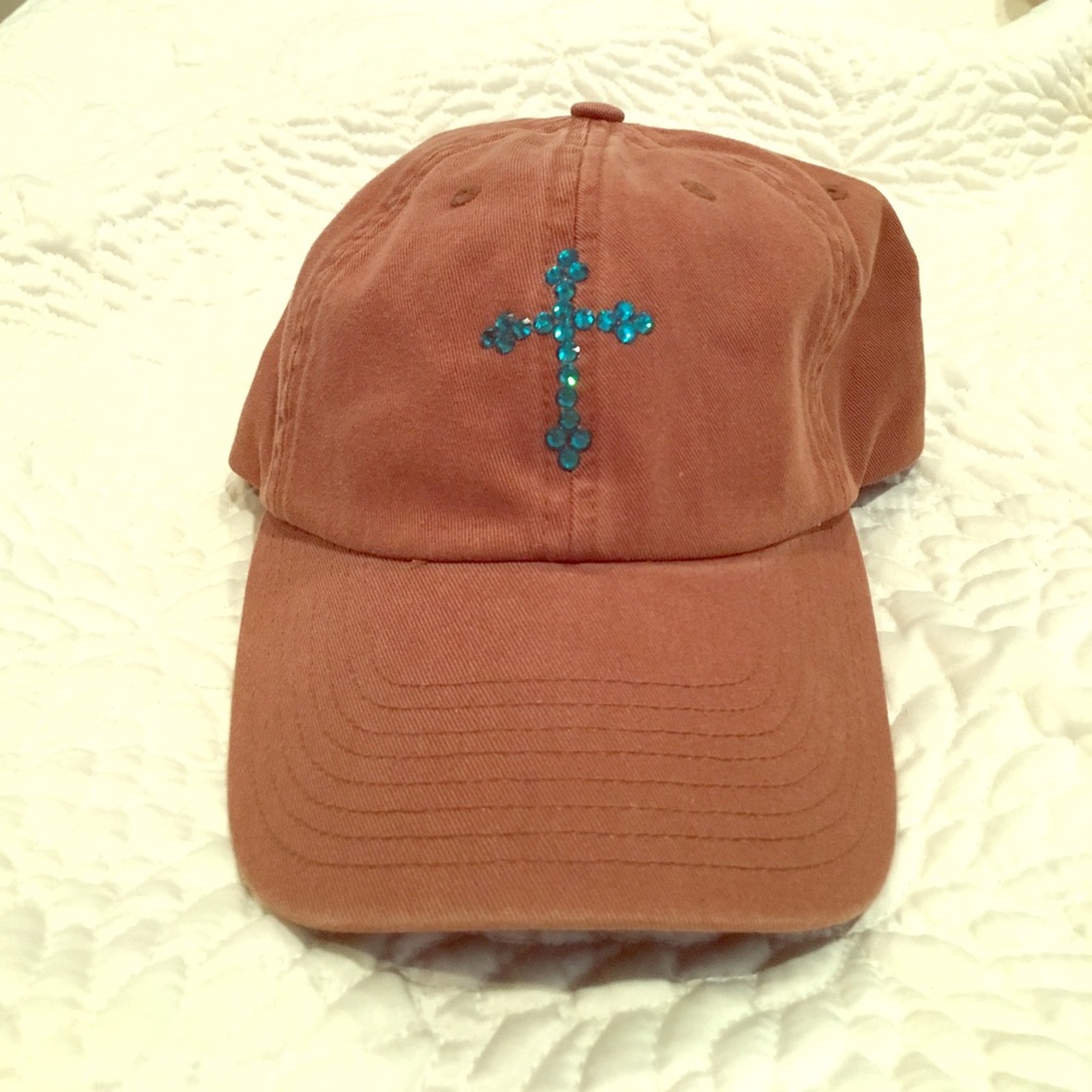 Brown and turquoise cap with rhinestone cross