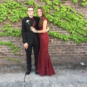 Betsy & Adam- Maroon Lace Prom Dress