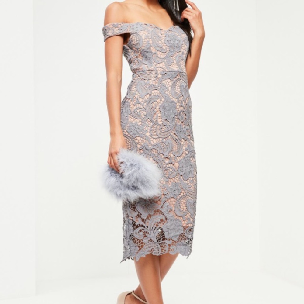Bardot lace off the shoulder gray midi dress