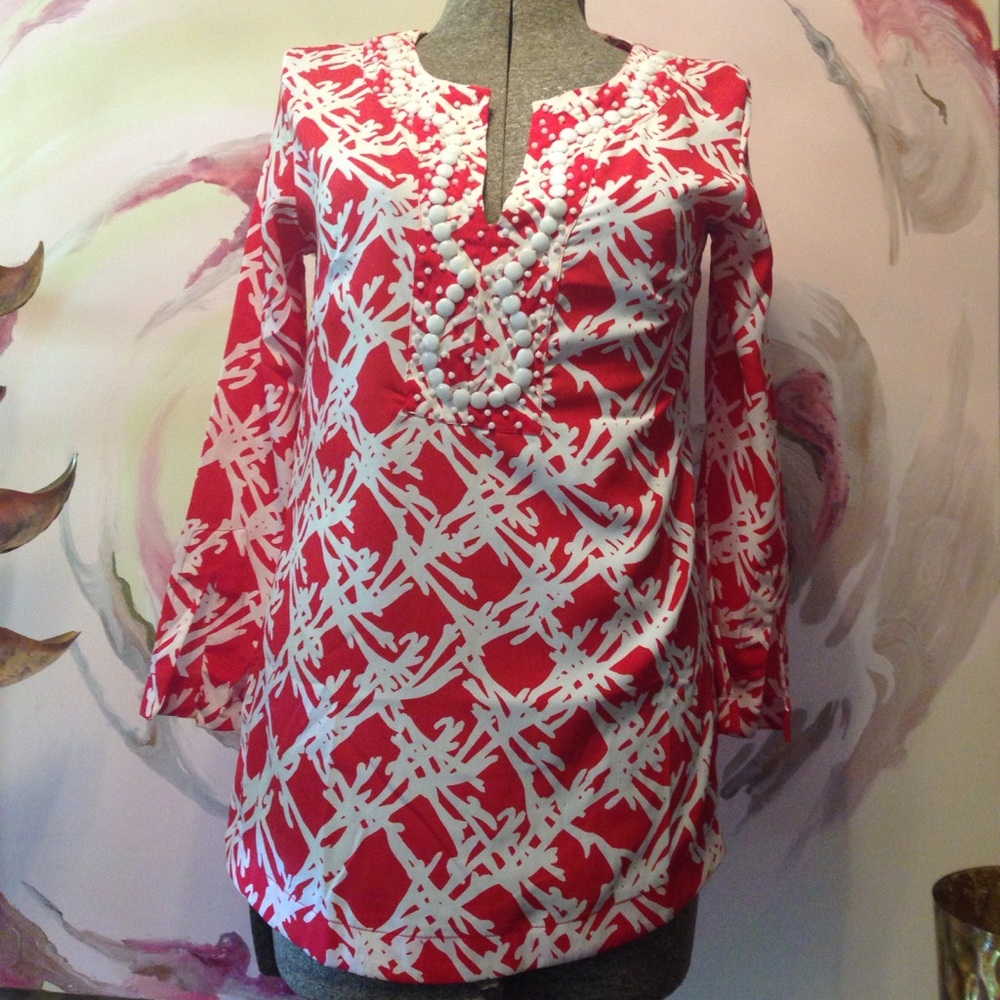 Red Southern Frock Tunic with embellished collar.