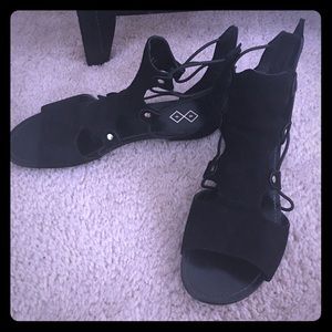 Black faux suede flat sandal