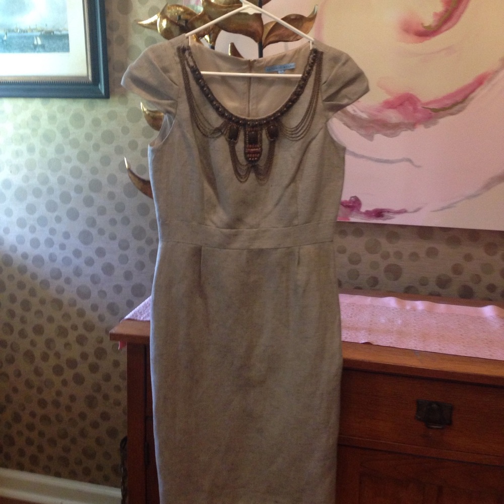 Beige linen  knee length dress worn 1 x. Jeweled.