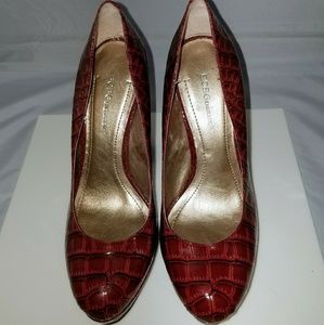 BCBG, burgandy croc print block heel platform pump