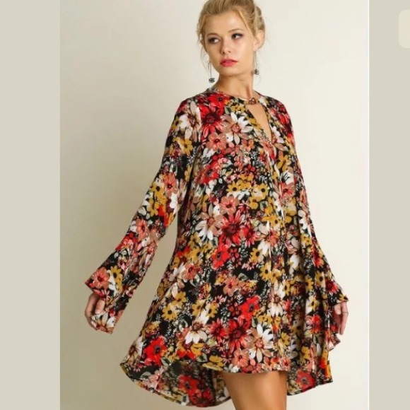 Umgee BOHO Black Floral Bell Sleeve Trapeze Swing Dress Tunic Top S M L