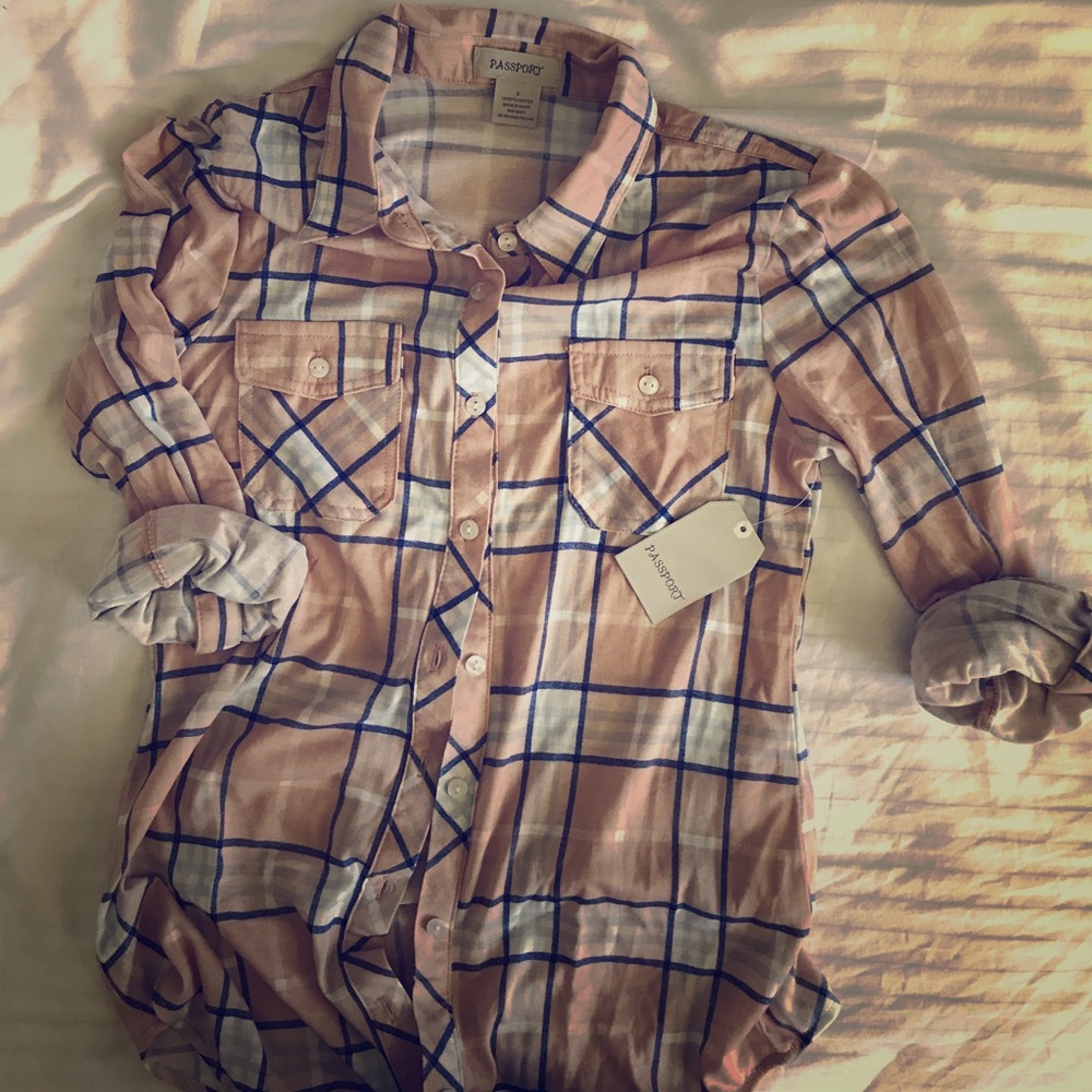 Blush and Ivory casual plaid button down