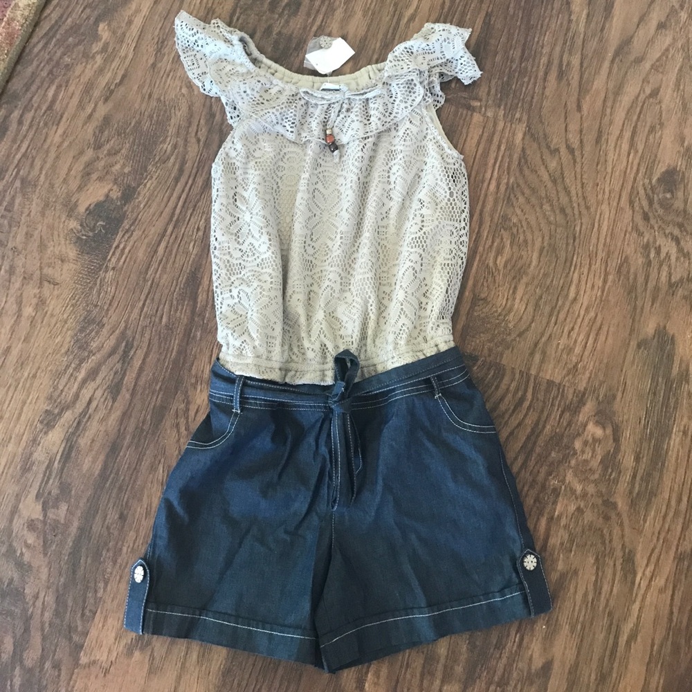 Girls lace and denim romper