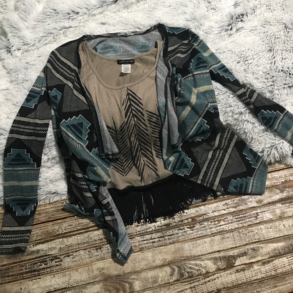 Aztec flyaway cardigan. Feather fringe tank