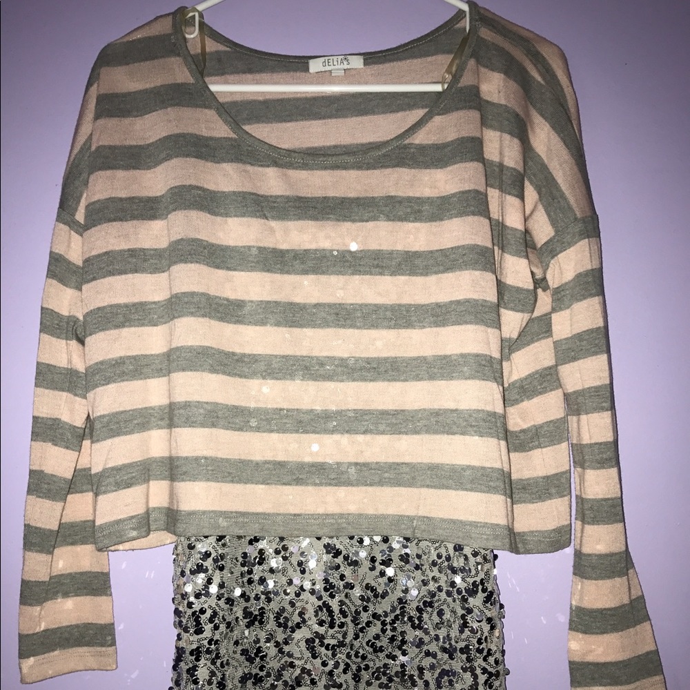 Two piece cropped striped top with sequin tank.