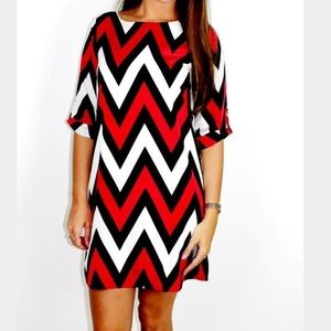 Red, black and white chevron dress