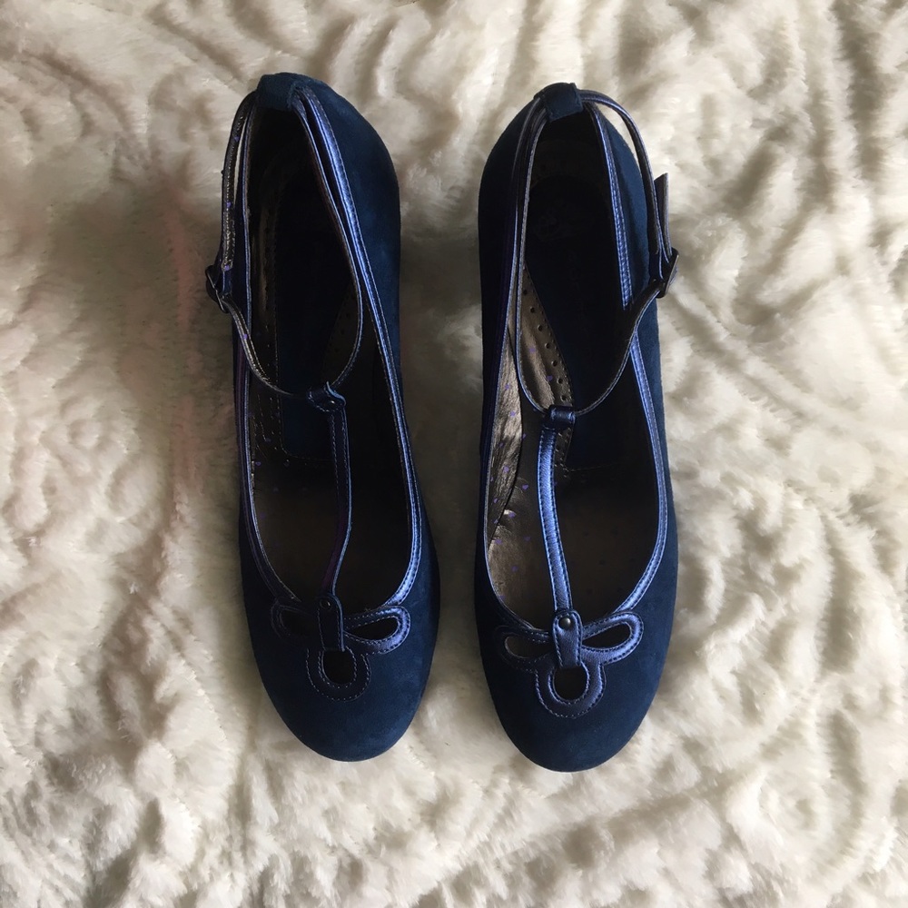 FORNARINA: Blue suede T strap mini heel