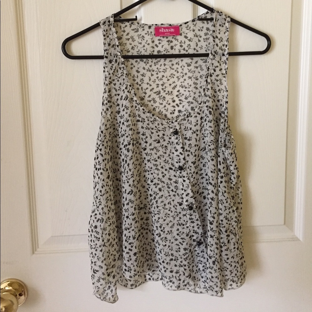 Shasa Sheer Black and White Floral Flow Tanktop