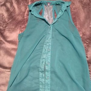Sheer turquoise button up collared tank