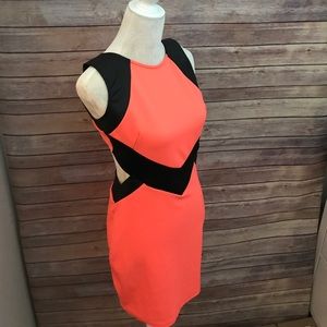 Coral, Black Faux Leather Open Back Dress