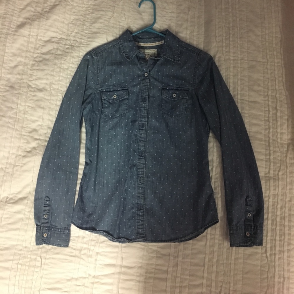 White dotted denim button up shirt