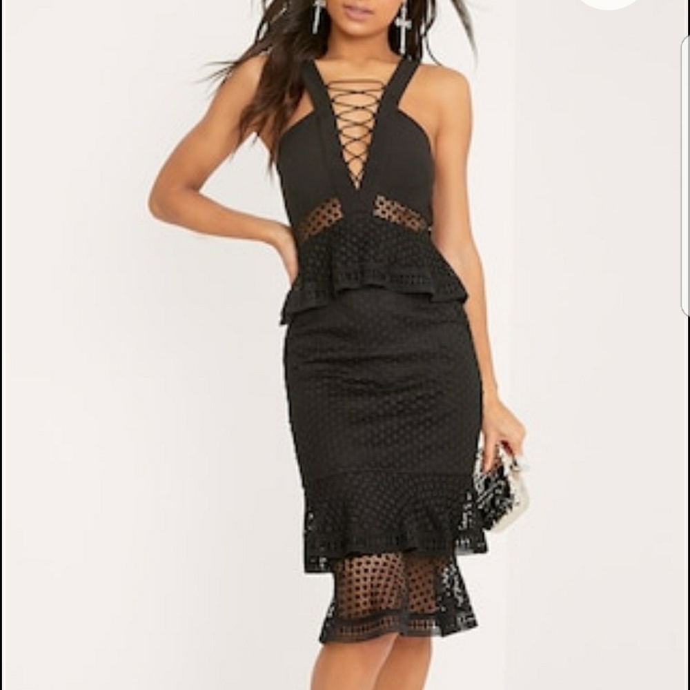 Deep Neck Lace Black Midi Dress