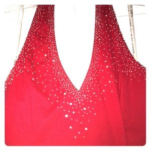 Red sparkling halter dress with mini train.
