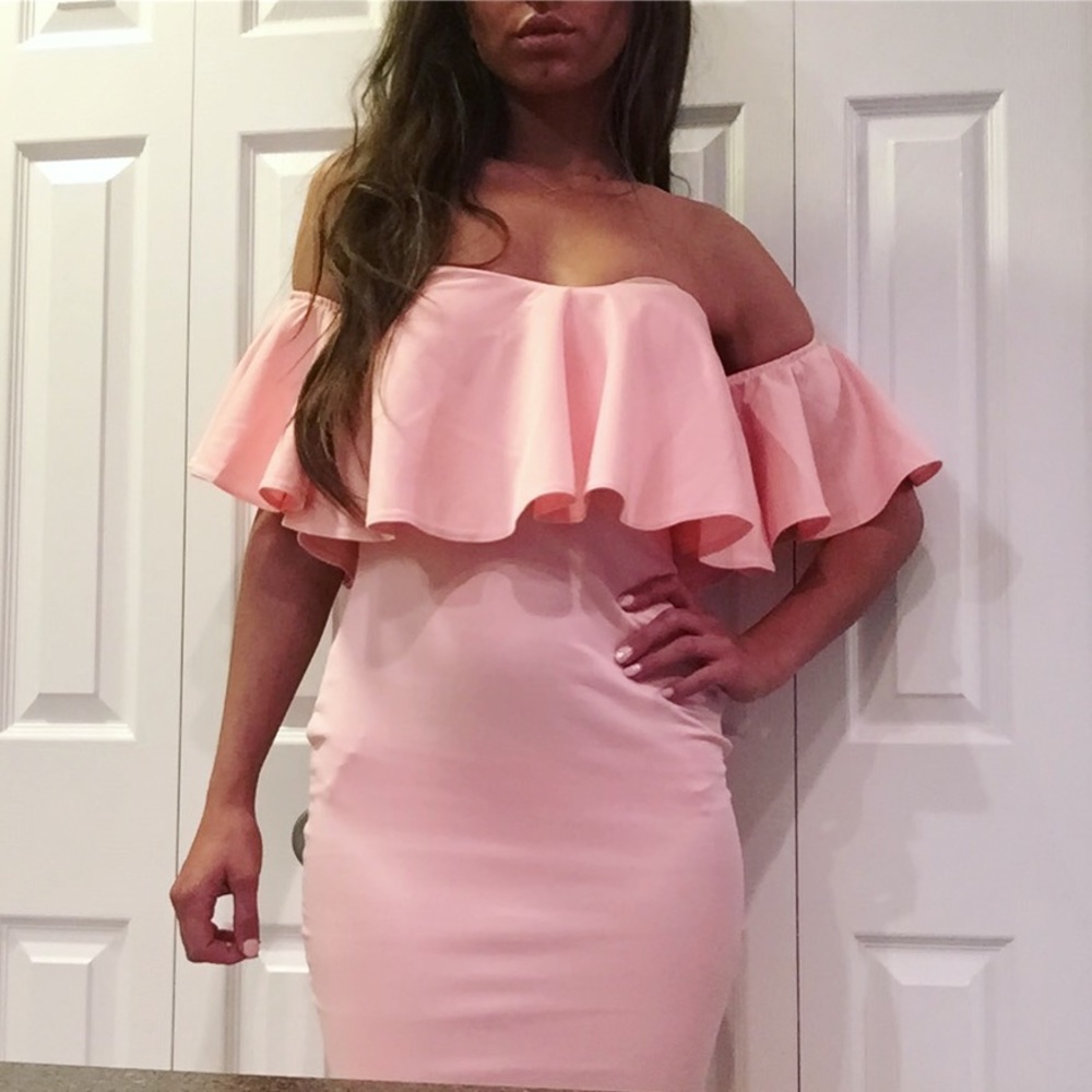 Pink off the shoulder peplum dress