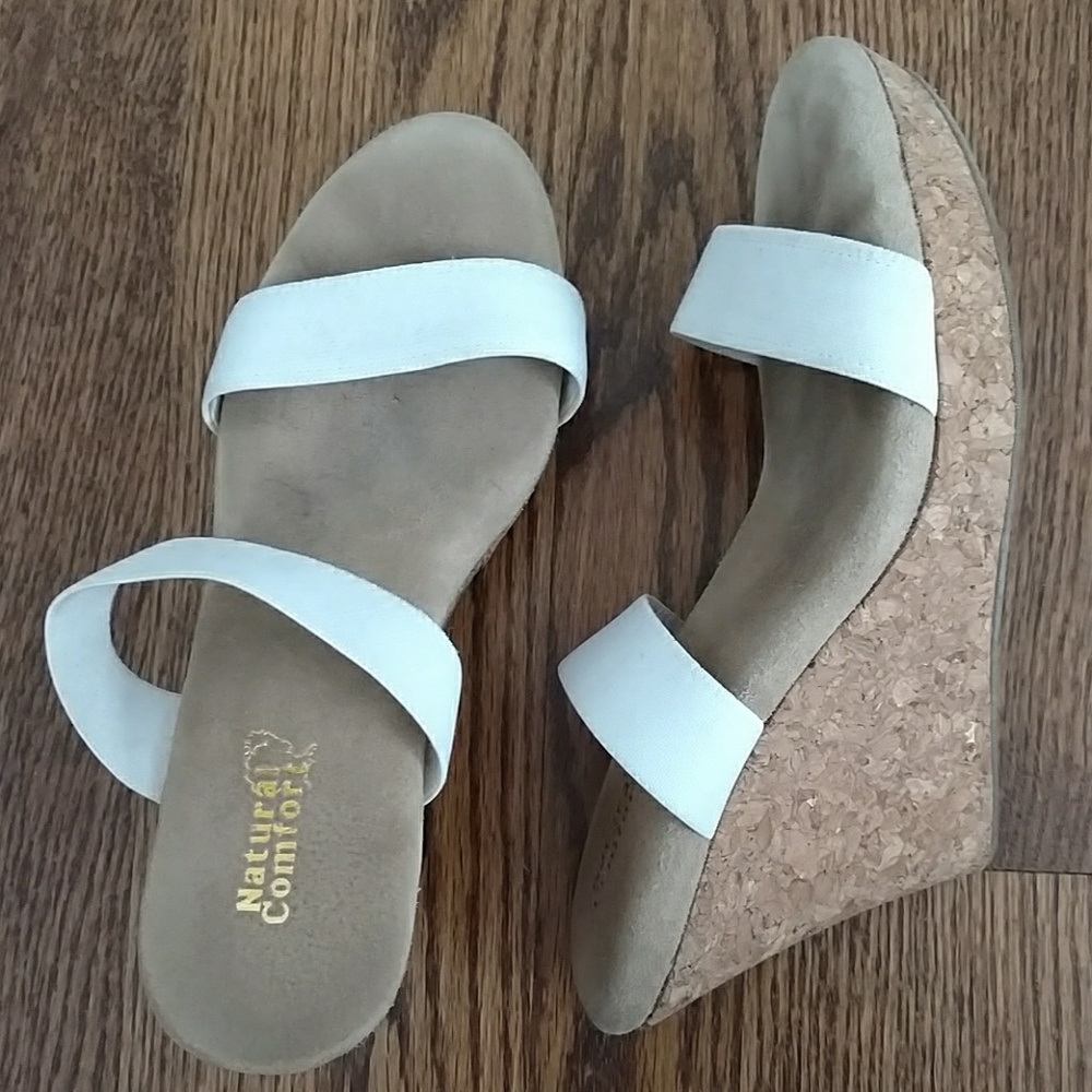 Natural comfort, white cork wedges.  8.5.