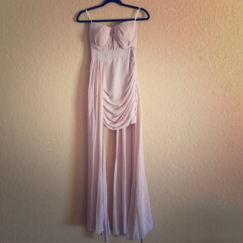 Elegant chic beige cream chiffon gown party dress