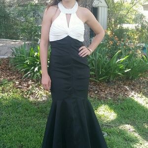Black, ivory, and pearl mermaid prom dress