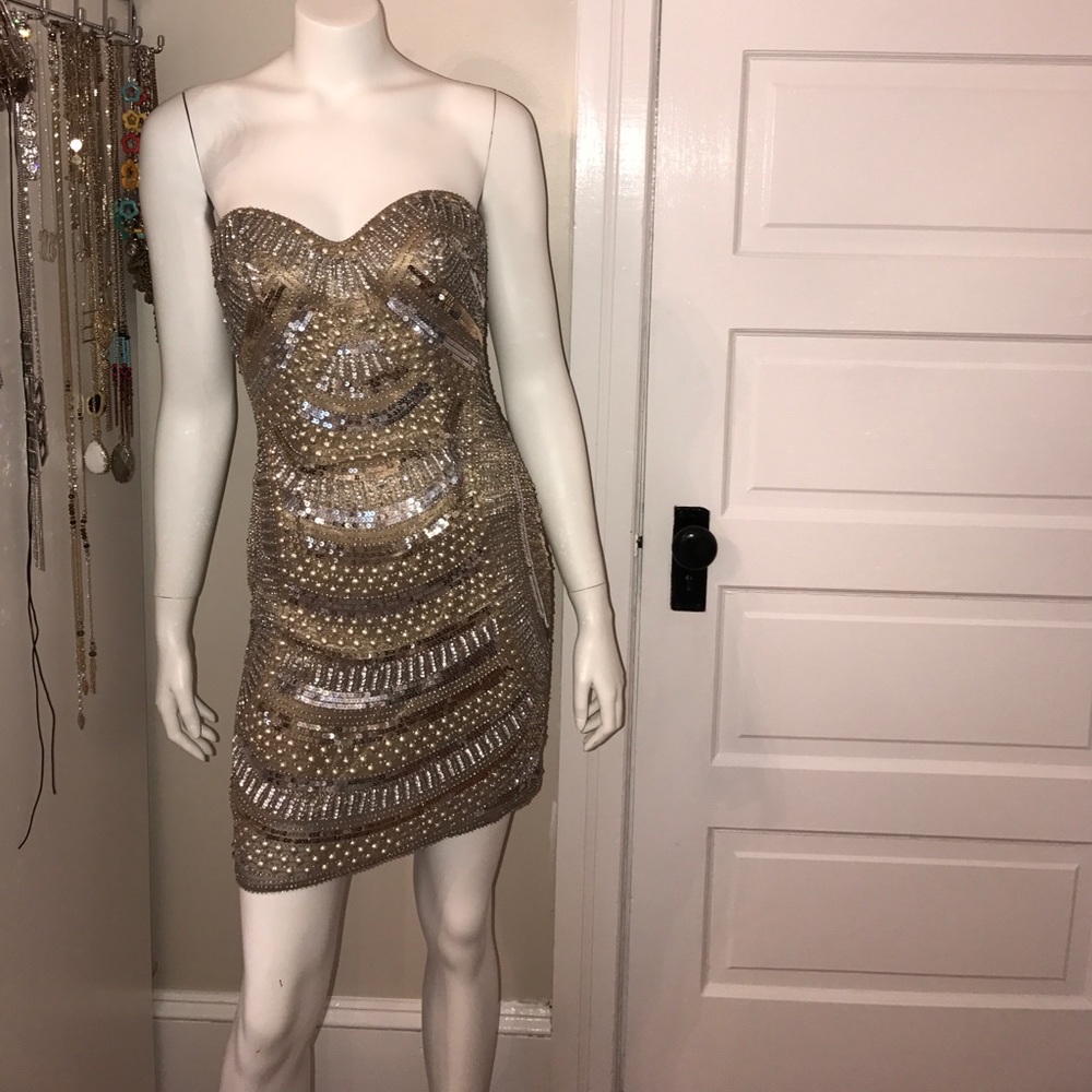 Scala Beaded & Sequin Gold/Metallic Cocktail Dress