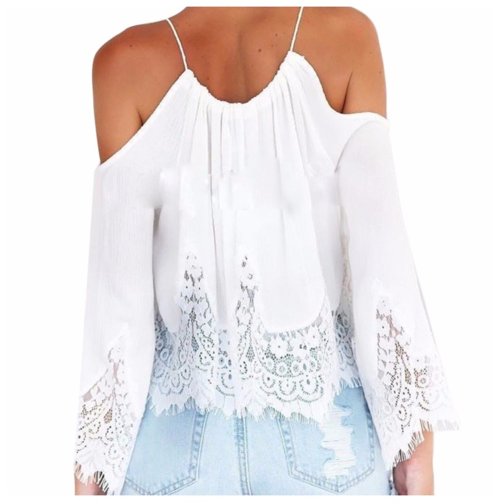 Sheer White Lace Cold Shoulder Boho Crop Top - Picture 2 of 2
