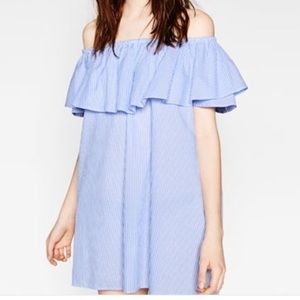 Zara Off-the-Shoulder Blue and White Striped Dress