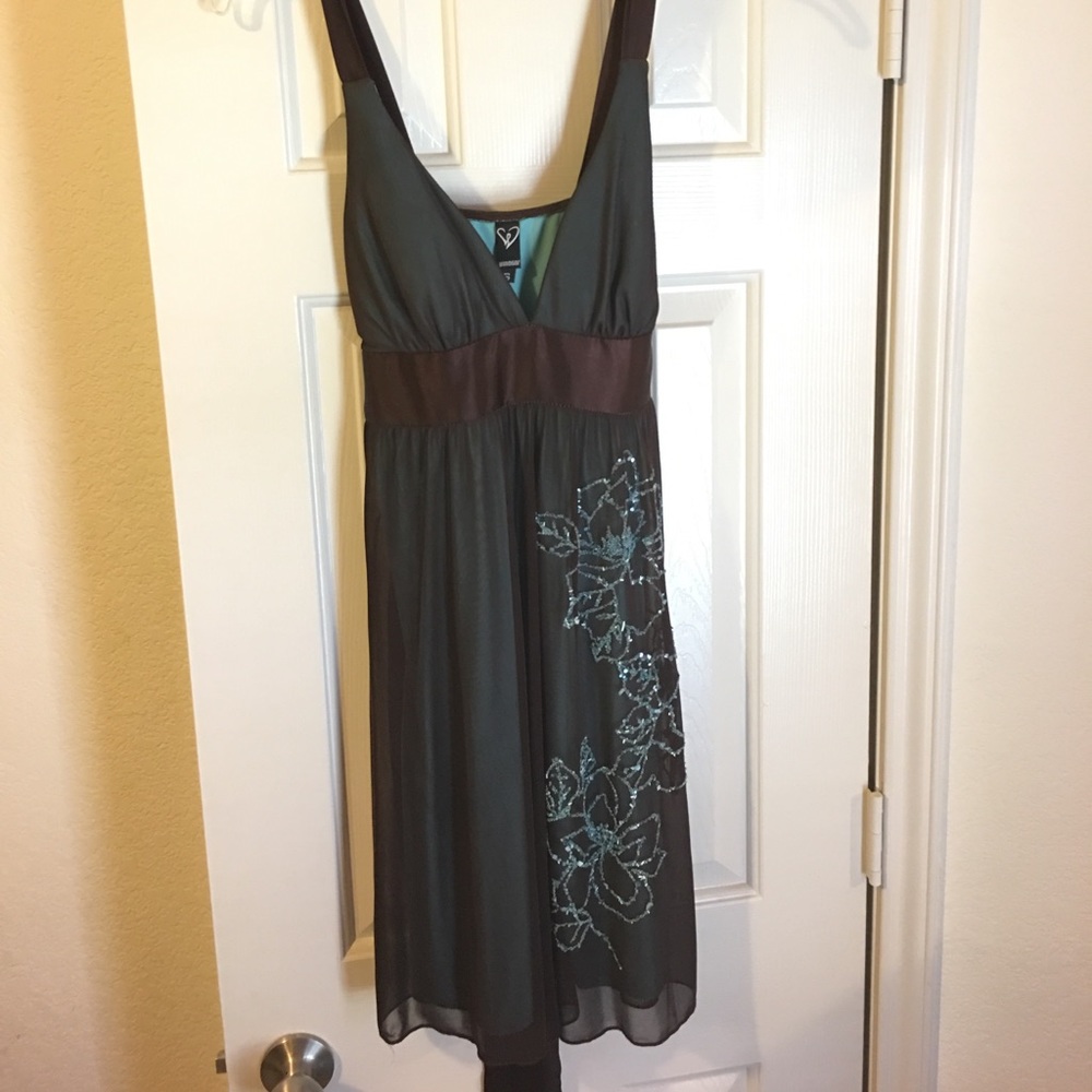 Windsor sheer teal and Brown layered dress.