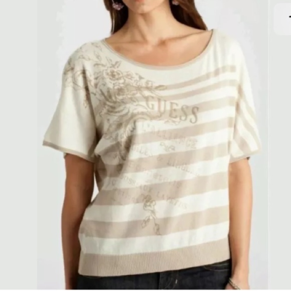 NWOT GUESS STRIPED GRAPHIC PRINT SWEATER TOP SZ XS