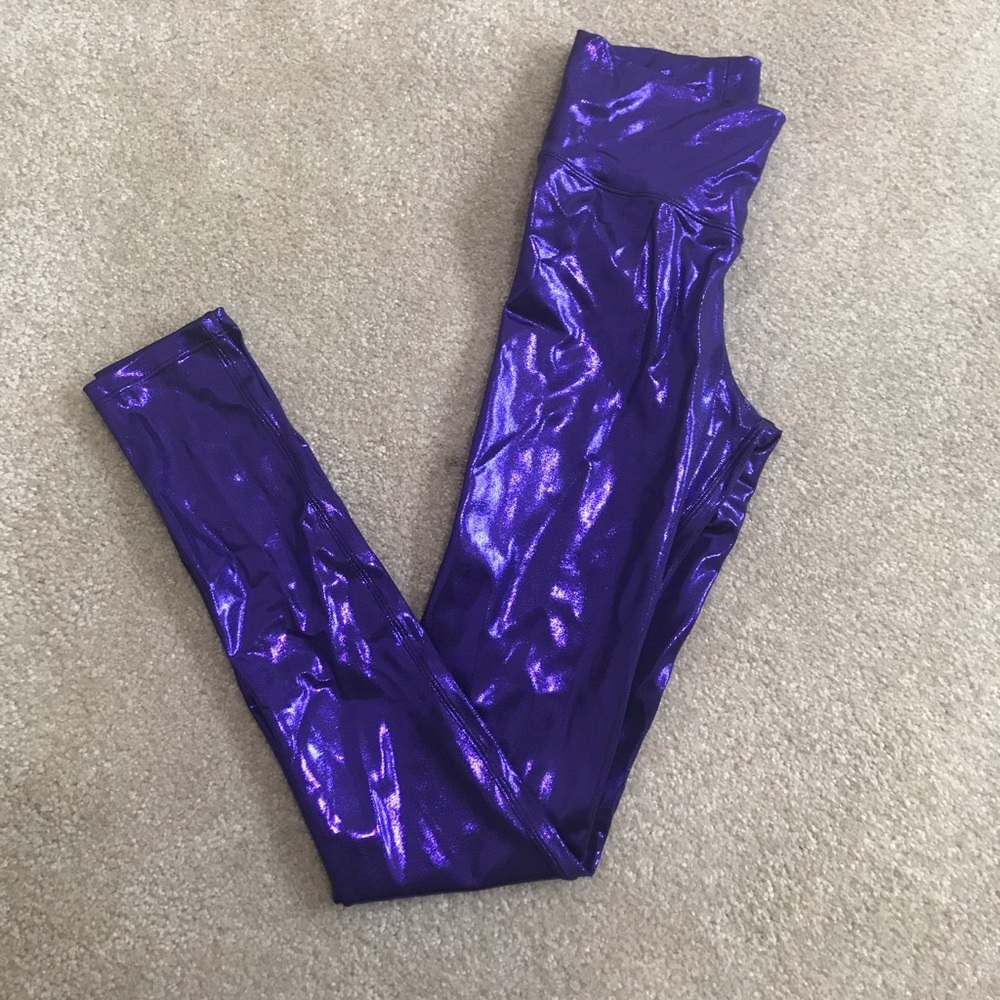 High waisted metallic purple leggings