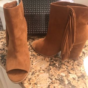 Suede Peep-toe Fringe Booties