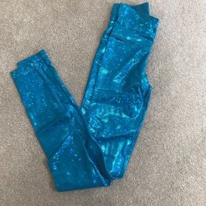 High waisted metallic electric blue leggings