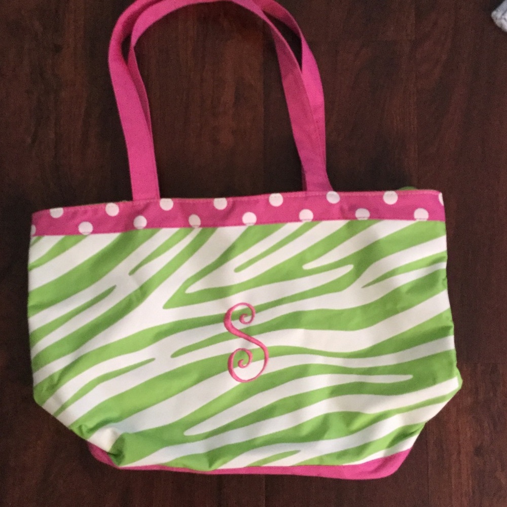 Pink and green monogrammed beach bag