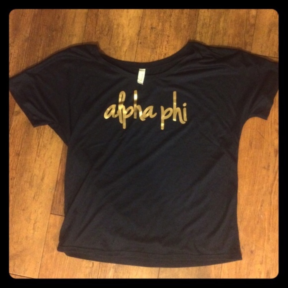 Black flowy Alpha Phi tee with Gold foil lettering