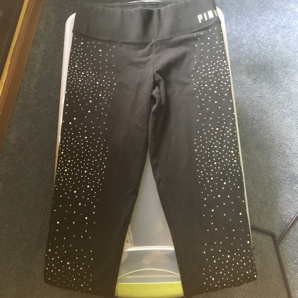Pink Rhinestone Black Leggings