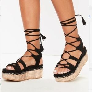 Black Lace up Suede Platforms sandals from Misspap