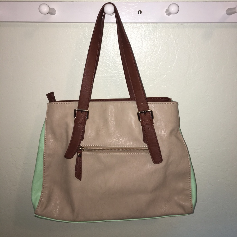 Tan and mint green handbag