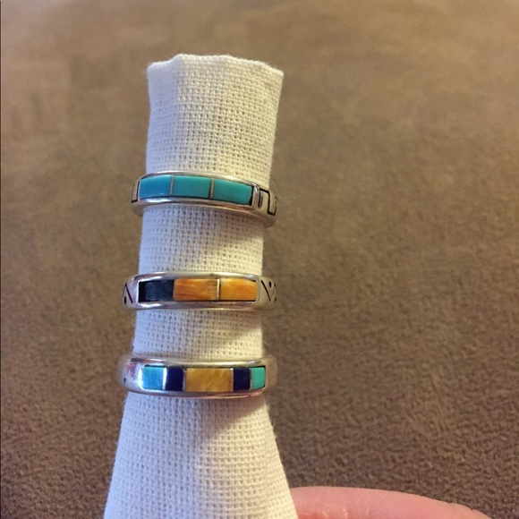 925 Sterling Silver Jewelry - Three Sterling Silver turquoise rings size 8.