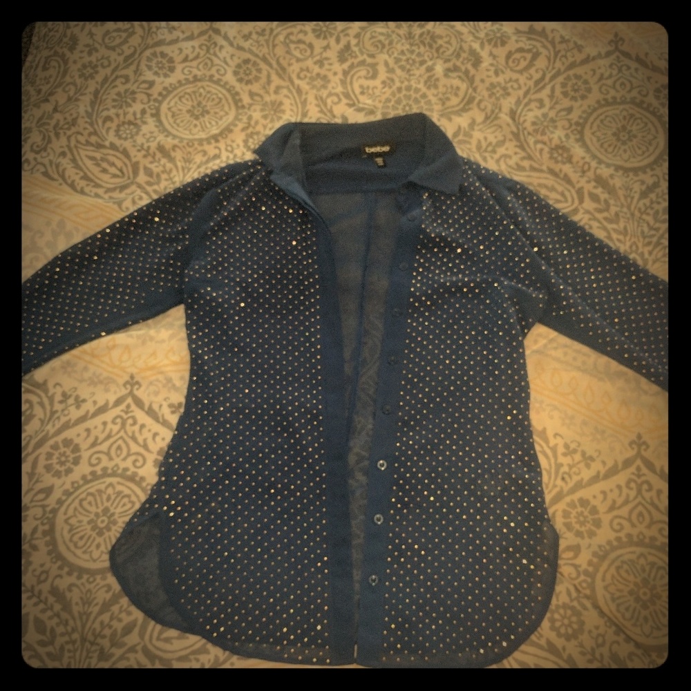 Bebe gold rhinestone button down sheer shirt