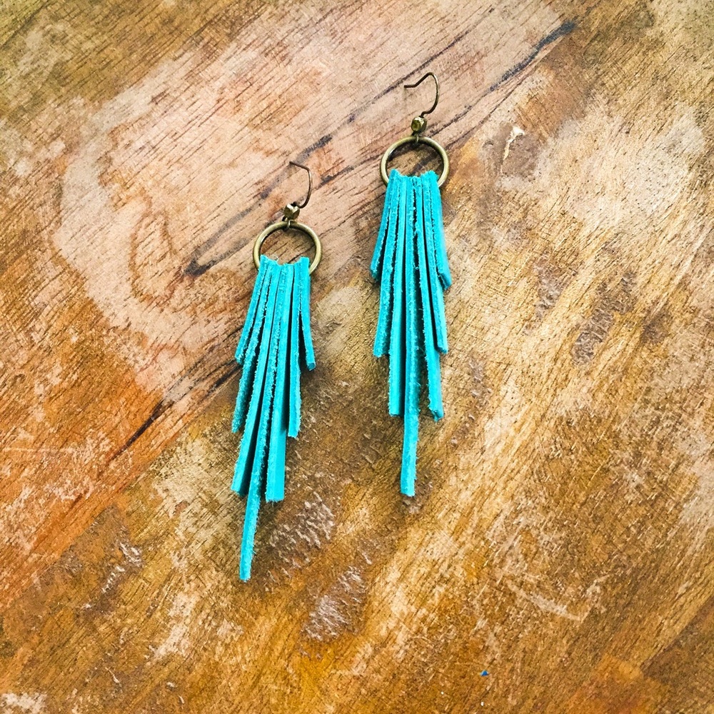 Turquoise Suede leather drop bar stack earrings