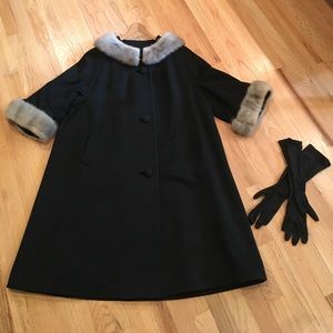 Vintage Mink-Cuffed/Collared Swing Coat & Gloves