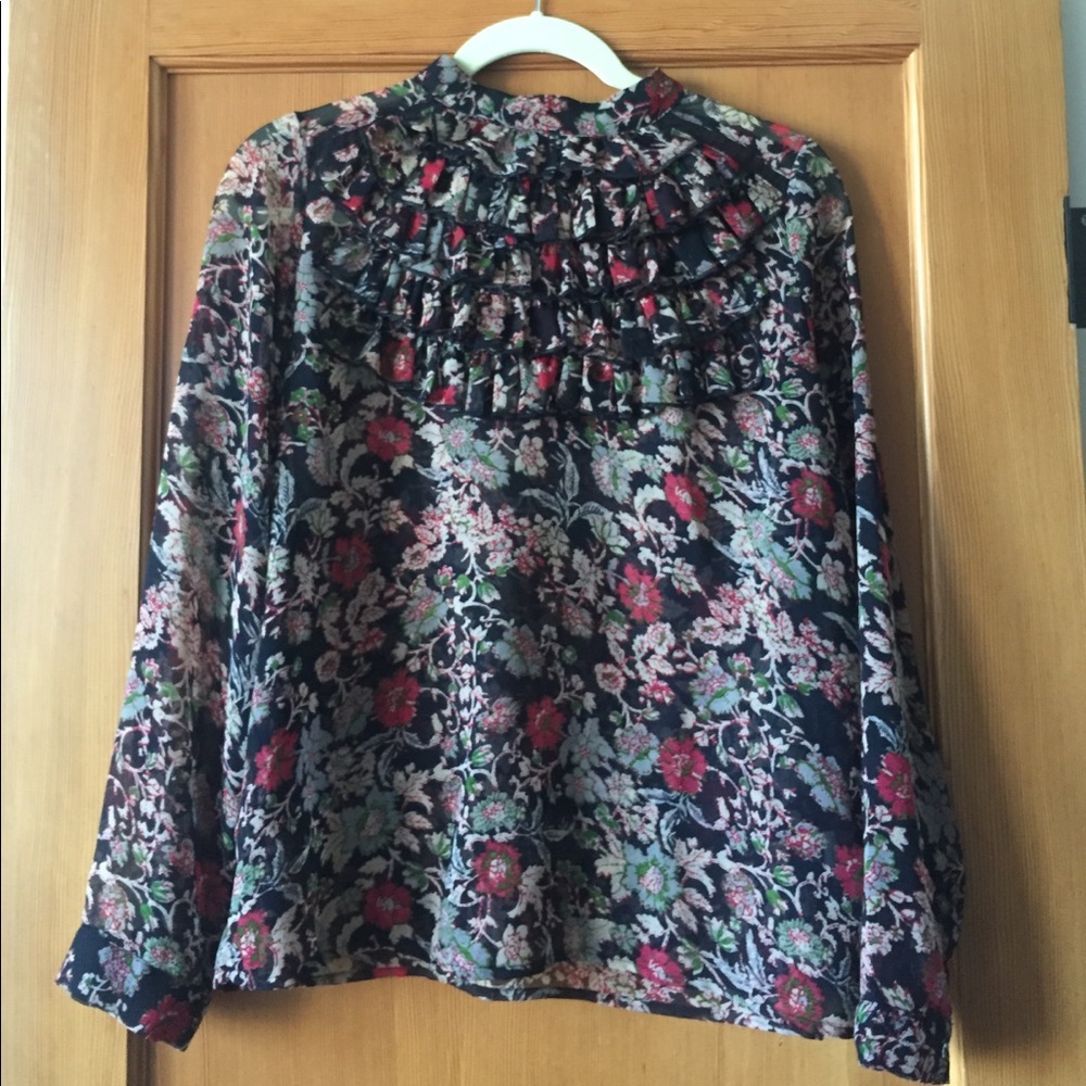 Zara Sheer Black Floral Blouse with Ruffles