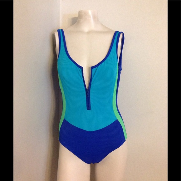 Vintage Other - Vtg Zip Up Front Color Block Swimsuit S M 💙💙