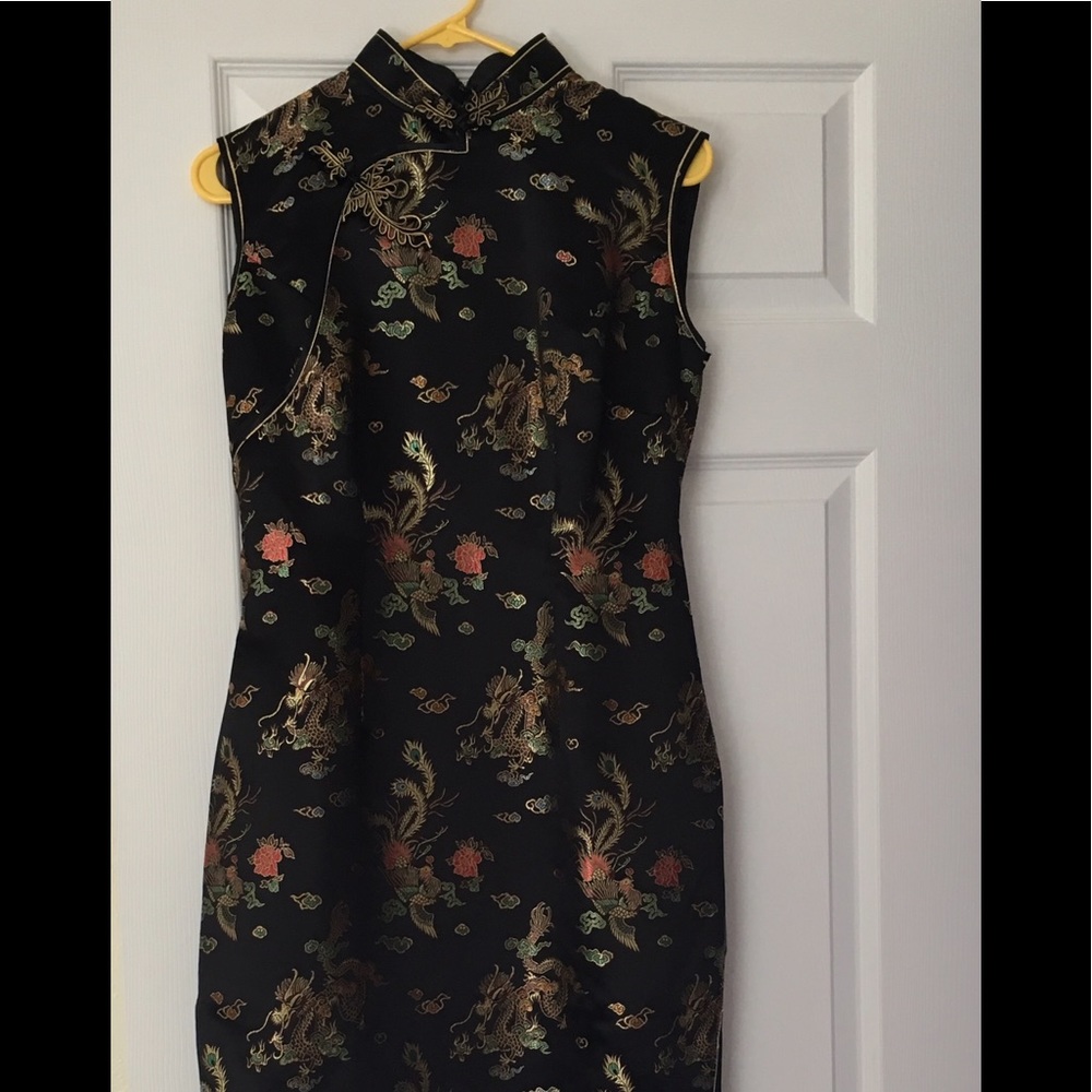 Black Dragon print brocade high-slit dress